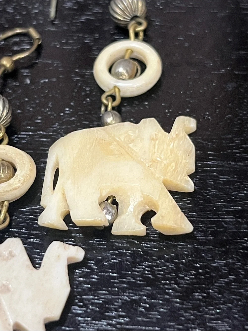 Handcrafted Cream Elephant Drop Earrings with Antique Brass Accents